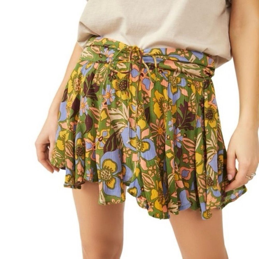 Free People Ellie Mini Skort Floral Green and Yellow Shorts
